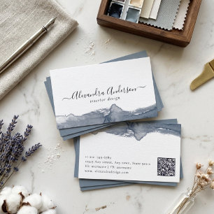Moderne Graue Wasserfarben-Kalligrafie Minimal QR- Visitenkarte