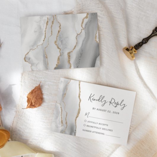 Moderne, graue, weiße Gold-Agate-Hochzeit-RSVP-Kar RSVP Karte
