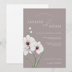 Moderne graue weiße Orchideen-Initialen-Hochzeit Einladung