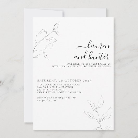 Moderne graue White Script Botanical Foto Wedding Einladung (Vorderseite)