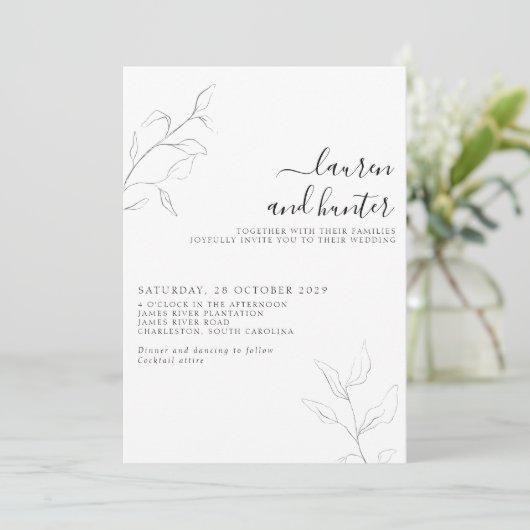 Moderne graue White Script Botanical Foto Wedding Einladung (Stehend Vorderseite)