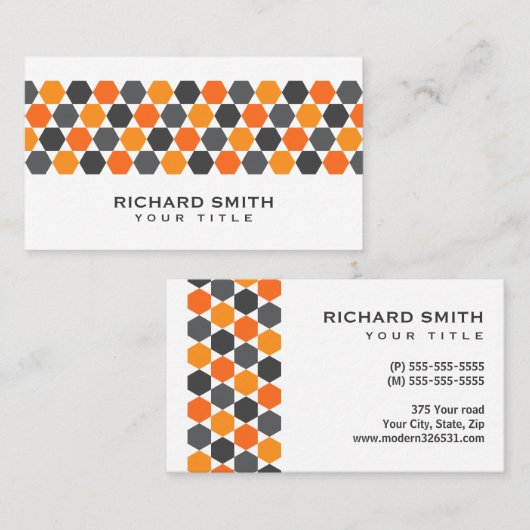 Moderne grauorange-blaue Hexagon-Grenze Visitenkarte (Vorne/Hinten)