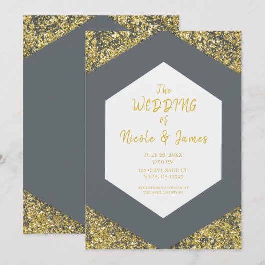 Moderne Grauschick Gold Glitzer Flakes Glam Weddin Einladung (Vorne/Hinten)