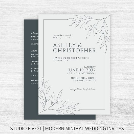 Moderne Gray Foliage Kontur All-in-One Hochzeit Einladung