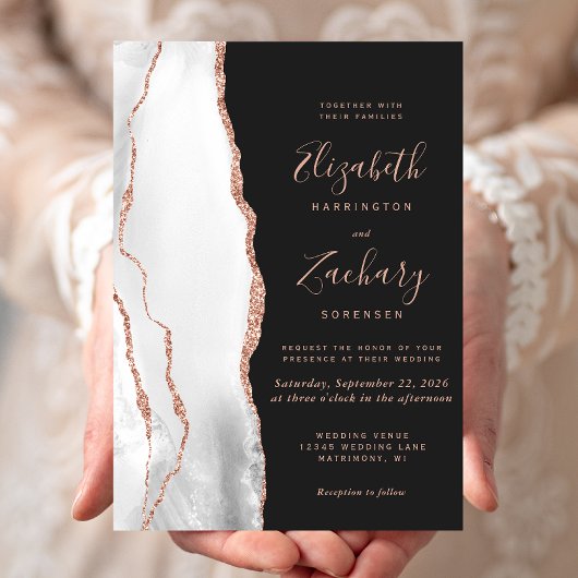 Moderne Gray Rose Gold Agate Slate Black Wedding Einladung