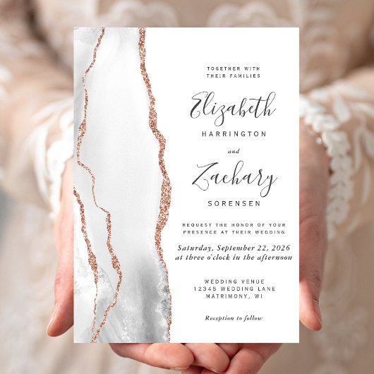 Moderne Gray Rose Gold Agate Wedding Einladung