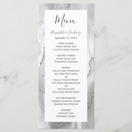 Moderne Gray Silver Agate Wedding Menükarte (Vorderseite)