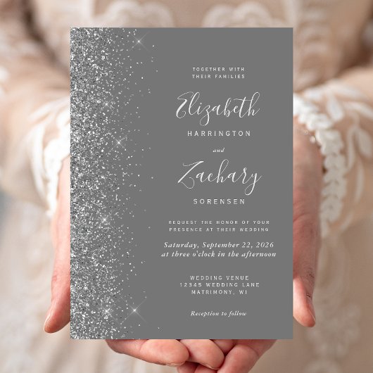 Moderne Gray Silver Glitzer Edge Wedding Einladung