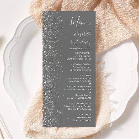 Moderne Gray Silver Glitzer Edge Wedding Menükarte