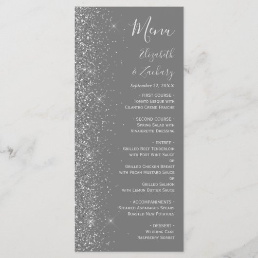 Moderne Gray Silver Glitzer Edge Wedding Menükarte (Vorderseite)