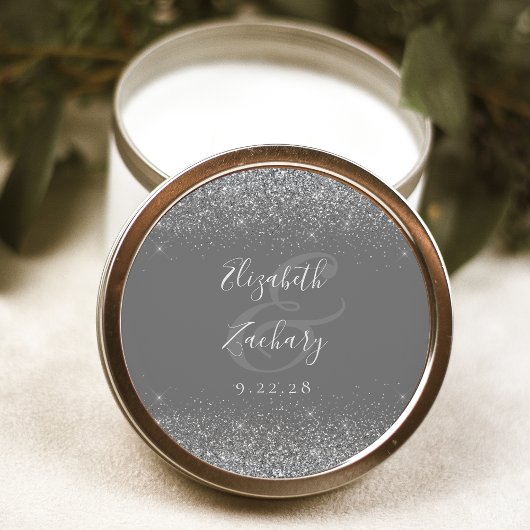 Moderne Gray Silver Glitzer Edge Wedding Runder Aufkleber