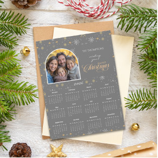 Moderne Gray Snowflake Foto 2026 Kalenderkarte Magnetkarte
