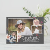 Moderne Gray Three Foto Floral Graduation Party Einladung (Stehend Vorderseite)