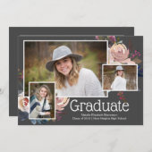 Moderne Gray Three Foto Floral Graduation Party Einladung (Vorne/Hinten)
