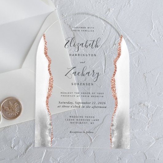 Moderne Gray White Rose Gold Agate Arch Hochzeit Acryleinladungen