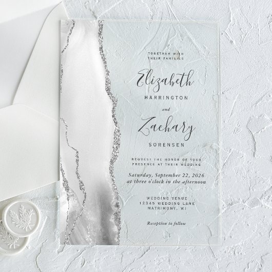 Moderne Gray White Silver Agate Wedding Acryleinladungen