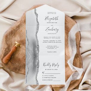 Moderne Gray White Silver Agate Wedding All In One Einladung