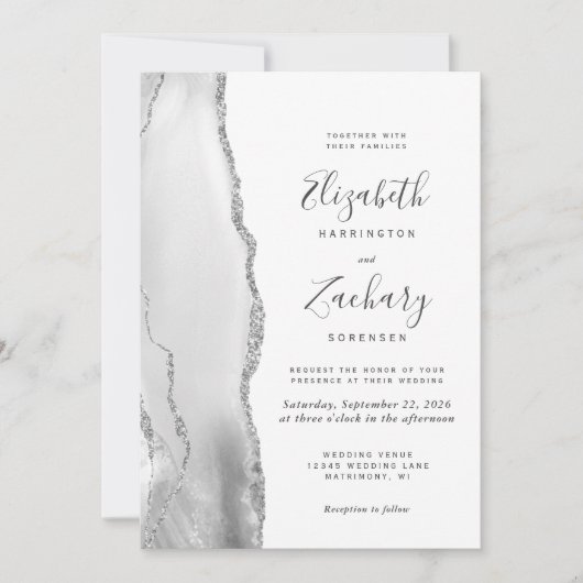 Moderne Gray White Silver Agate Wedding Einladung (Vorderseite)