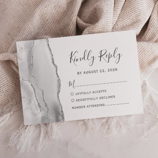 Moderne Gray White Silver Agate Wedding RSVP Karte
