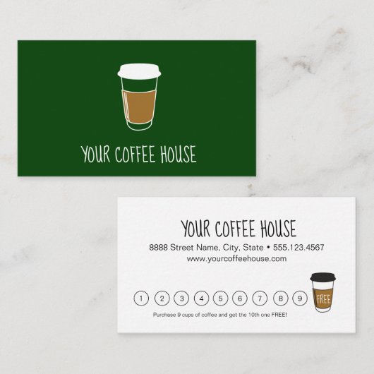 Moderne Green Custom Coffee House Loyalty Card Treuekarte (Vorne/Hinten)