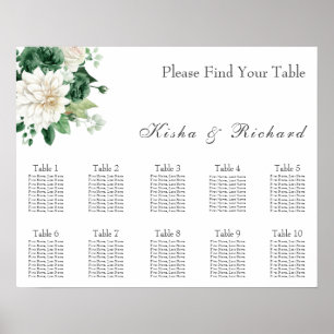 Moderne Green Floral 10 Table Wedding Seating Char Poster