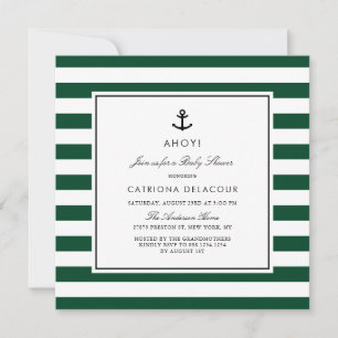Moderne Green Nautical Stripes Babydusche Einladung