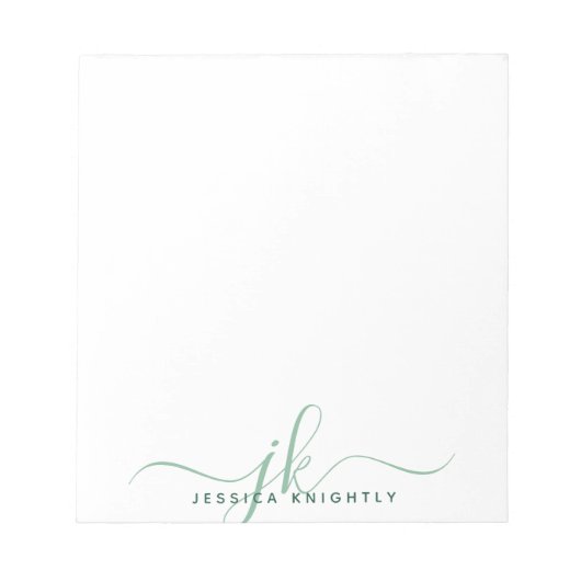 Moderne Green Script Monogram Initials Notizblock (Vorderseite)