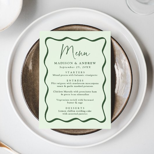 Moderne Green Wavy Frame Wedding Menükarte