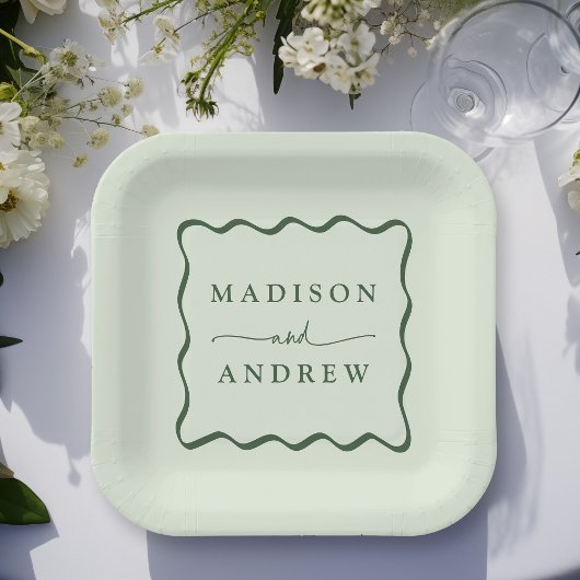 Moderne Green Wavy Frame Wedding Pappteller