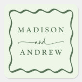 Moderne Green Wavy Frame Wedding Quadratischer Aufkleber (Vorderseite)