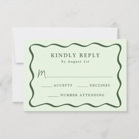 Moderne Green Wavy Frame Wedding RSVP Karte (Vorderseite)