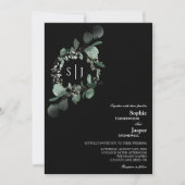Moderne Greenery Black Monogram Wedding Einladung (Vorderseite)