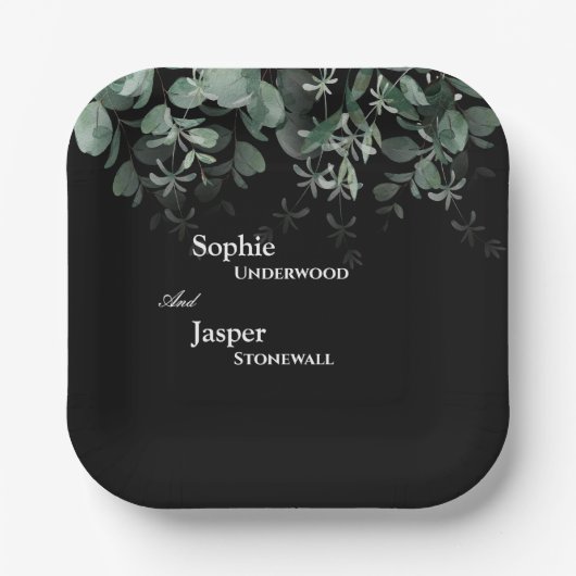 Moderne Greenery Black Wedding Paper Teller (Vorderseite)