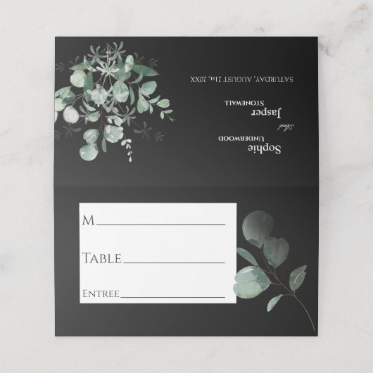 Moderne Greenery Black Wedding Platzkarte (Außenseite Aufgefaltet)