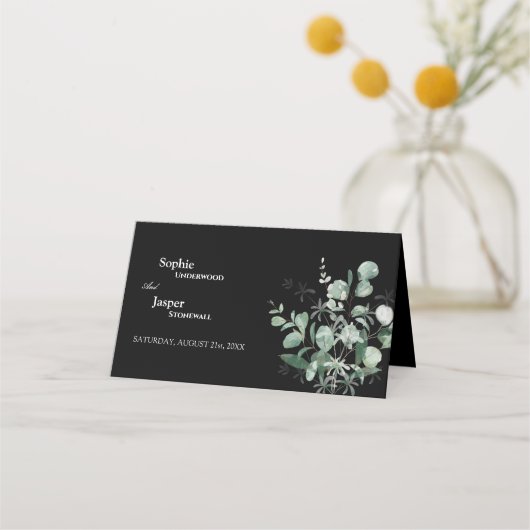 Moderne Greenery Black Wedding Platzkarte (Rückseite)