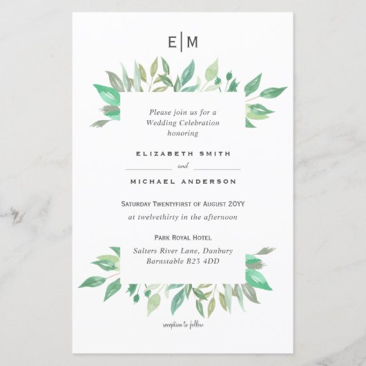 Moderne Greenery Monogram Budget Hochzeit lädt A9 (Vorderseite)