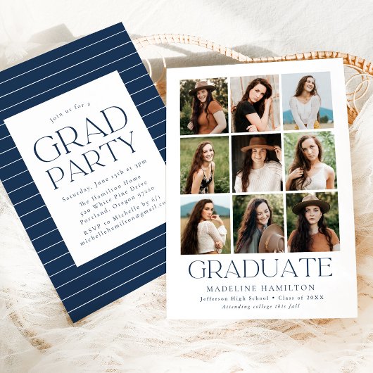 Moderne Grid Navy 9 Foto Collage Graduation Party Einladung