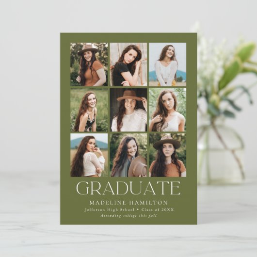 Moderne Grid Olive Green 9 Foto Graduation Party Einladung (Stehend Vorderseite)