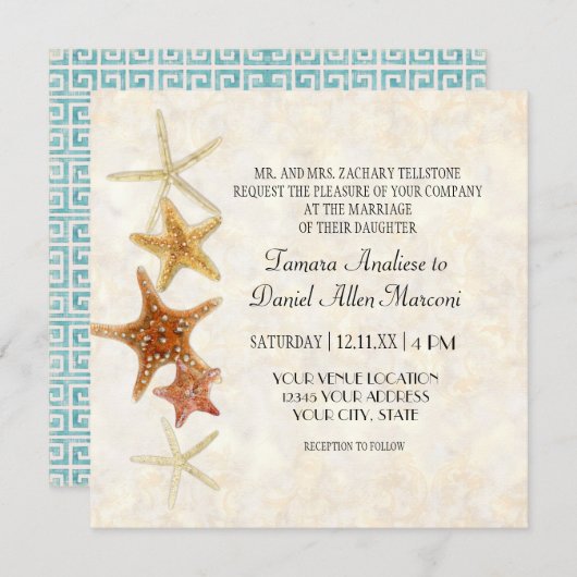 Moderne griechische Schlüsselmuster Starfish Beach Einladung (Vorne/Hinten)