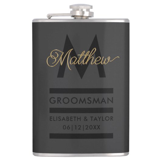 Moderne Groomsmans aus Schwarz und Gold mit Namen Flachmann (Vorderseite)