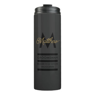 Moderne Groomsmans aus Schwarz und Gold mit Namen Thermosbecher