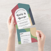 Moderne Groovy Abstrakt Chic Retro Hochzeit All In One Einladung (Abreißen)