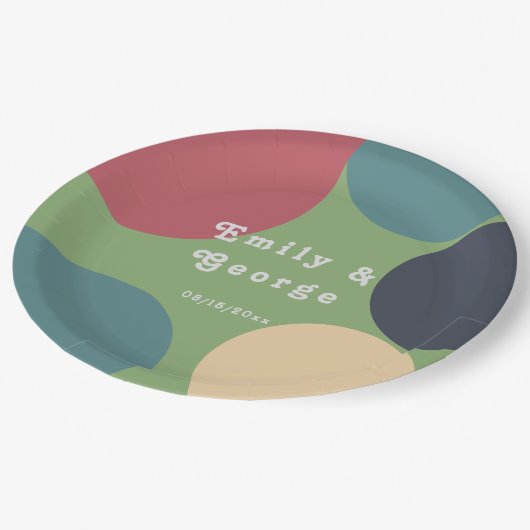 Moderne Groovy Abstrakt Chic Retro Hochzeit Pappteller (Schrägansicht)