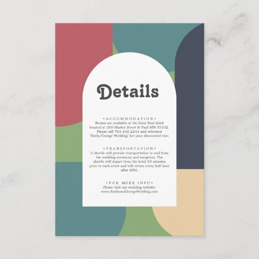 Moderne Groovy farbenfrohe Retro Arch Wedding Deta Begleitkarte (Vorderseite)