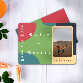 Moderne Groovy farbenfrohe Retro Foto Hochzeit Save The Date