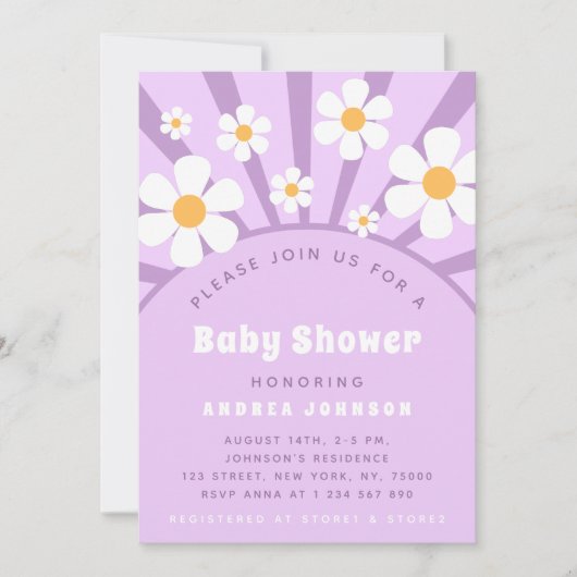 Moderne Groovy Retro Pink Lila Daisy Baby Dusche Einladung (Vorderseite)