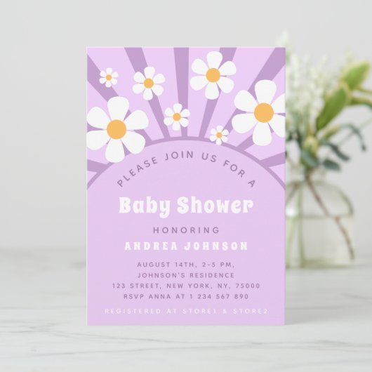 Moderne Groovy Retro Pink Lila Daisy Baby Dusche Einladung (Stehend Vorderseite)