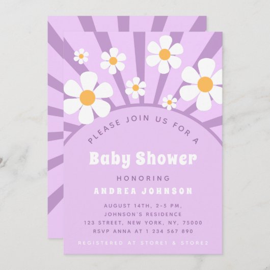 Moderne Groovy Retro Pink Lila Daisy Baby Dusche Einladung (Vorne/Hinten)
