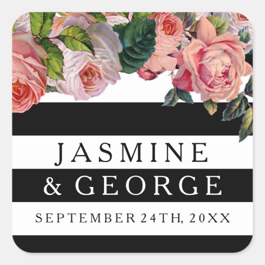 MODERNE, große Streifen mit Vintagen Rose Quadratischer Aufkleber (Vorderseite)