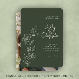 Moderne Grün-Foliage-Kontur-Foto Hochzeit Einladung